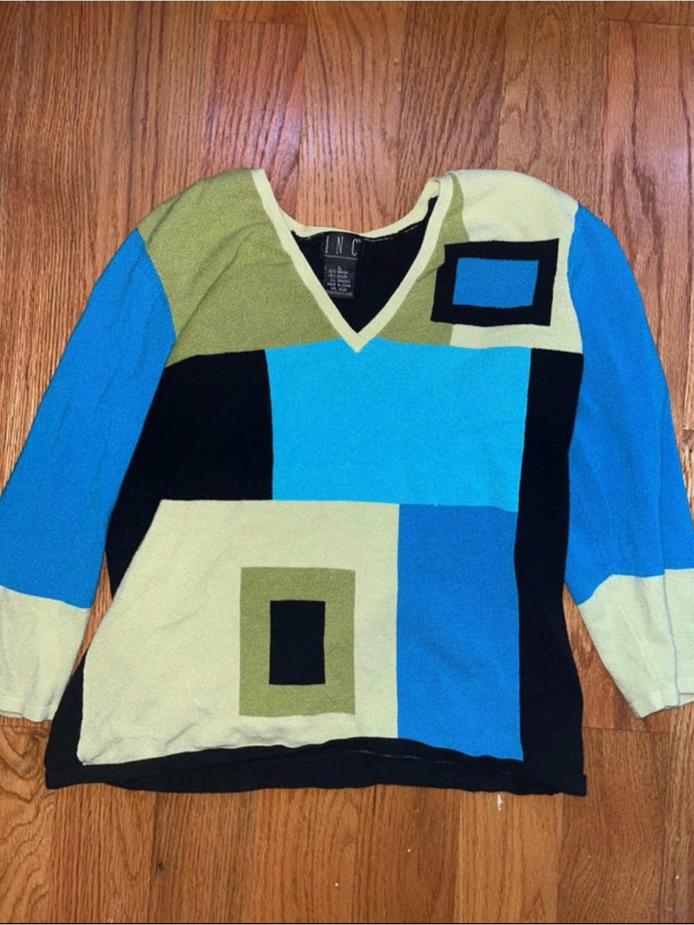 Vintage Colorblock V-Neck Sweater - Blue/Green/Black